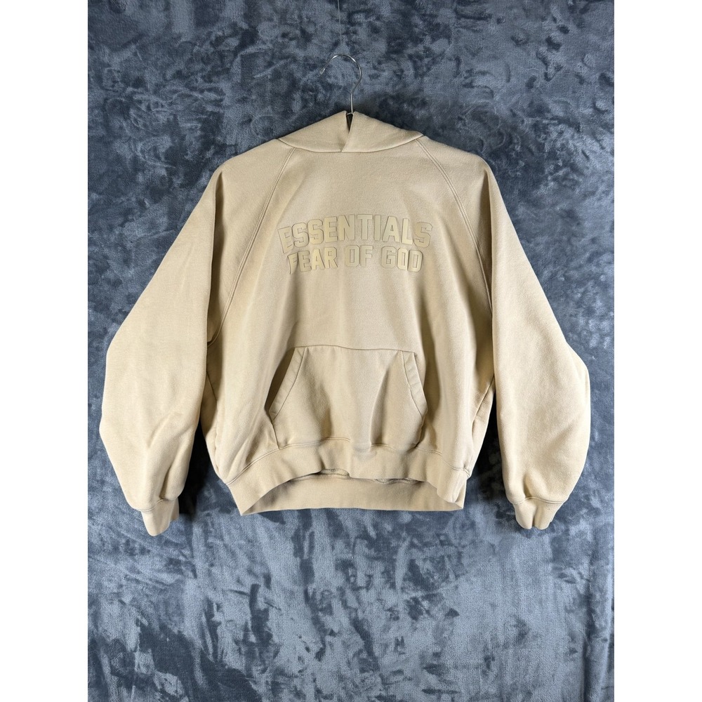 ESSENTIALS Fear Of God Hoodie Mens Medium Beige Pullover Fleece Sweatshirt Logo